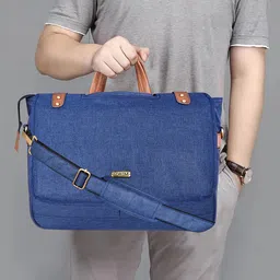 LOREM Unisex Blue & Tan Color Faux Leather 10L Laptop Bag For Men-image-29