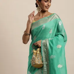 Saree Swarg Green & Golden Ethnic Motifs Woven Design Banarasi Sarees-picture-41