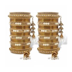 leshya Set Of 76 Brass Plated Antique Stones Studded Bangles-8