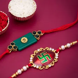 Sukkhi Rakhi Men Set Of 2 Gold-Plated Stone-Studded & Beaded Rakhis With Roli Chawal & Raksha Bandhan Greeting Card-picture-9