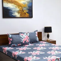 BOMBAY DYEING Grey Melange & Pink Floral 144 TC Queen Bedsheet with 2 Pillow Covers-image-87