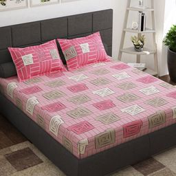 Story@home Maroon Pink Geometric Cotton 144 TC Queen Bedsheet With 2 Pillow Covers-image-77