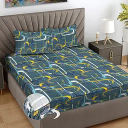 FABINALIV Green & Yellow Geometric 300 TC Fitted King Bedsheet With 2 Pillow Covers-image-18