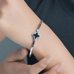 AQUASTREET 18K Silver Plated Waterproof Anti-Tarnish Black Clover & Zircon Bangle Bracelet-image-25