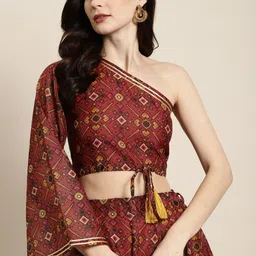 Shae by SASSAFRAS Maroon & Green  Patola One Shoulder Blouson Crop Top-picture-18
