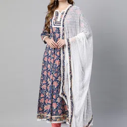 Vbuyz Women Blue Floral Printed Pure Cotton Kurta with Palazzos & With Dupatta-picture-16