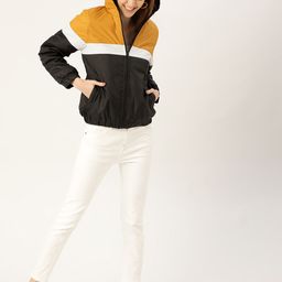 DressBerry Women Black & Mustard Yellow Colourblocked Bomber Jacket-image-56