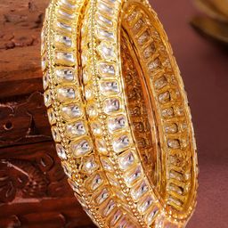 Rubans Set of 2 18K Gold-Plated White Kundan Studded Broad Traditional Bangles-image-41