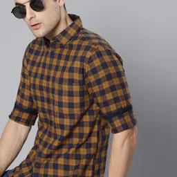 Dennis Lingo Men Mustard Yellow & Navy Blue Slim Fit Checked Casual Shirt-picture-18