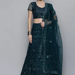 Kvsfab Teal Green Embroidered Semi-Stitched Lehenga with Unstitched Blouse & Dupatta-picture-28