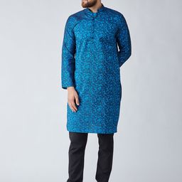 SOJANYA Men Blue & Black Self Design Kurta with Churidar-image-84