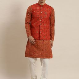 SOJANYA Men Maroon Ethnic Motifs Woven Design Kurta & Churidar Comes With a Nehru Jacket-picture-56