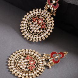 KARATCART Red Gold-Plated Kundan-Studded Handcrafted Circular Drop Earrings-image-83