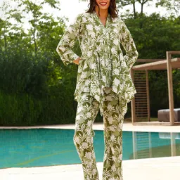 JISORA Green Floral Printed Pure Cotton Top & Trouser Co Ords-image-84