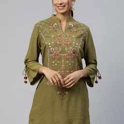 Nayam By Lakshita Olive Green Viscose Rayon Mandarin Collar Embroidered Tunic-picture-18