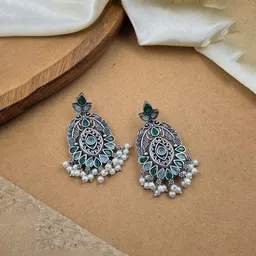 NAMAN ARTS Silver-Plated Artificial Stone And Beaded Contemporary Oxidised Drop Earrings-28