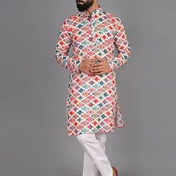 FUBAR Geometric Printed Mandarin Collar Regular Pure Cotton Kurta with Pyjamas-image-48