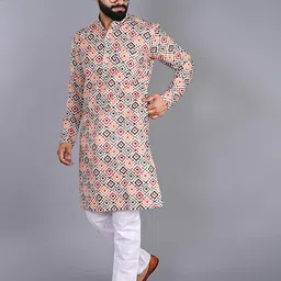FUBAR Geometric Printed Mandarin Collar Regular Pure Cotton Kurta with Pyjamas-image-87