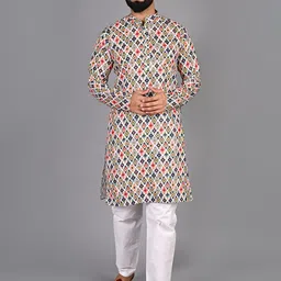 FUBAR Geometric Printed Mandarin Collar Regular Pure Cotton Kurta with Pyjamas-picture-13