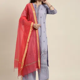 Vishudh Women Mauve Floral Embroidered Panelled Pure Cotton Kurta with Palazzos & With Dupatta-46