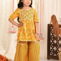 Superminis Girls Yellow Yoke Design Gotta Patti Pure Cotton Kurti with Sharara & With Dupatta-image-16