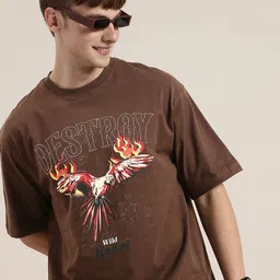 HERE&NOW Printed Drop-Shoulder Sleeves Oversized Pure Cotton T-shirt-image-62
