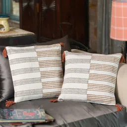 Aura Brown & White 2Pcs Striped Cotton Square Cushion Covers-17