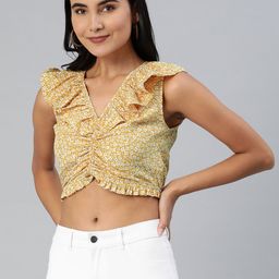 EVERYDAY by ANI Mustard Yellow & White Ditsy Floral Print Ruched Ruffles Crepe Crop Top-image-35