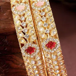 Rubans Set of 2 18K Gold-Plated Kundan & Multi-Colour Cubic Zirconia Stone Floral Bangles-0