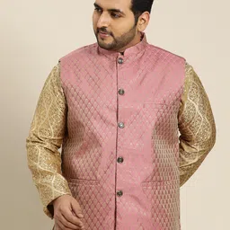 Sojanya PLUS Men's Pink & Golden Woven Design Nehru Jacket-picture-12