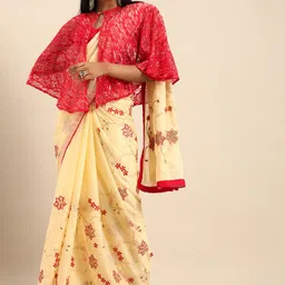 Sangria Cream-Coloured & Red Silk Blend Embroidered Saree With Detachable Cape-picture-26