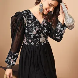 Sangria Floral Embroidered Georgette Sequined Empire Dress-image-95