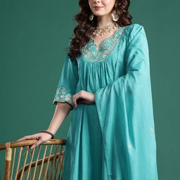 Indo Era Floral Embroidered Pure Cotton Kurta with Trousers & Dupatta-picture-15