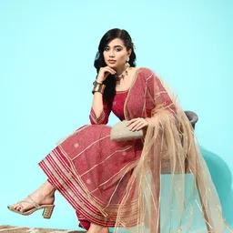 Nayo Women Maroon Floral Printed Regular Gotta Patti Kurta with Trousers & With Dupatta-25