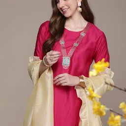 Anouk Women Pink Ethnic Motifs Embroidered Regular Beads and Stones Liva Kurta with Palazzos & With Dupatta-picture-30