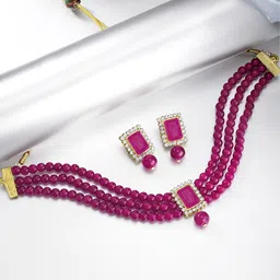 Peora Magenta Beaded & Stone Studded Choker Necklace & Earrings Jewellery Set-picture-9