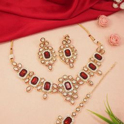 I Jewels Gold-Plated Kundan & Stone-Studded Necklace & Earrings With Maang Tikka Set-image-75
