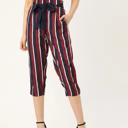 Style Quotient Women Maroon & Navy Blue Smart Regular Fit Striped Trousers With Belt-92