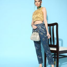 Sangria Women Ethnic Motifs Embroidered Relaxed Tapered Fit Easy Wash Jacquard Trousers-picture-1