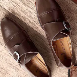 LOUIS STITCH Men Brown Solid Genuine Italian Leather Formal Handcrafted Monk Shoes-image-18