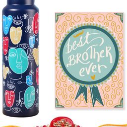 Happening Hippo Unisex Beaded Rakhi with Roli Chawal Greeting Card & Water Bottle-image-43
