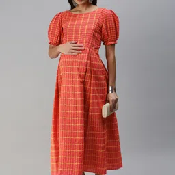 Swishchick Women Rust Orange & Mustard Yellow Checked Handloom Maternity A-Line Midi Dress-image-36