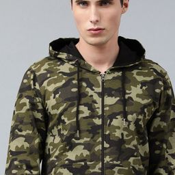 Urbano Fashion Men Olive Green & Black Printed Cotton Hooded Sweatshirt-image-21