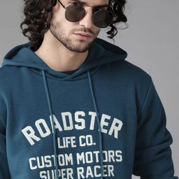 Roadster Men Teal Blue & White Brand Logo Self Design Hooded Sweatshirt-picture-12