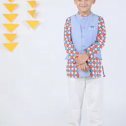Budding Bees Printed Cotton Kurta With Pyjama & Nehru Jacket-57
