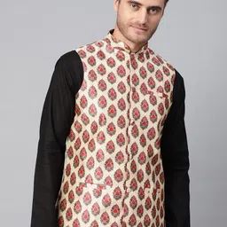 SOJANYA Men Beige & Red Printed Nehru Jacket-6