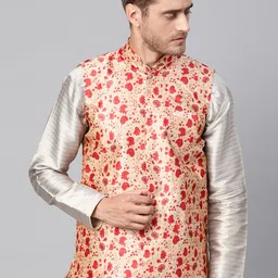 SOJANYA Men Beige & Red Printed Nehru Jacket-2