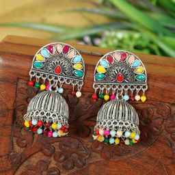 Zoey Silver Plated Stone Studded & Beaded Dome Shaped Jhumkas-56