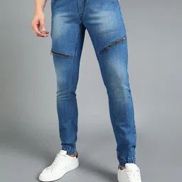 Urbano Fashion Men Blue Slim Fit Mid-Rise Clean Look Jogger Jeans with Zip Detail-image-52