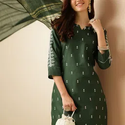 Anouk Olive Green Ethnic Motifs Embroidered Straight Kurta & Trouser With Dupatta-picture-14
